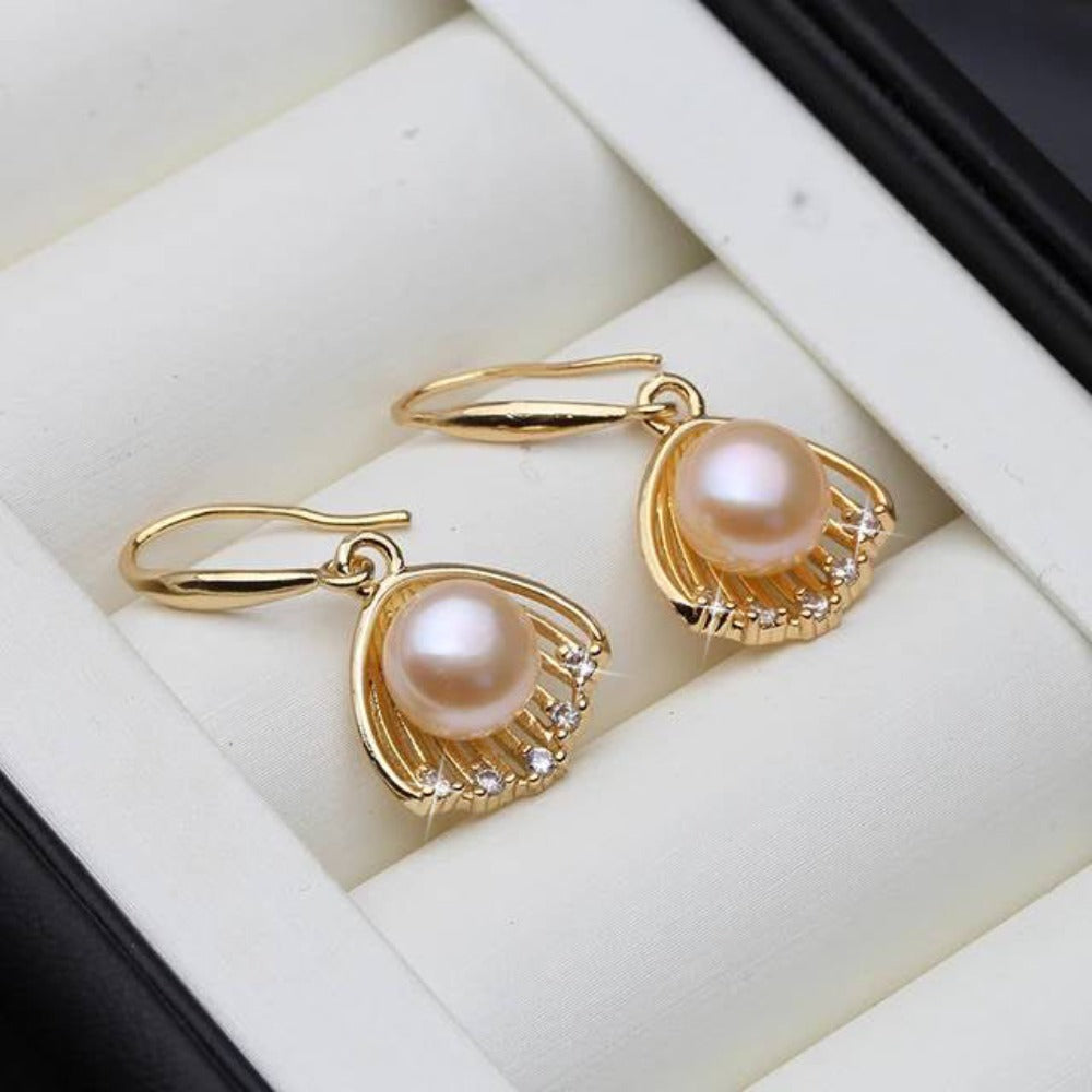 Designer Genuine Freshwater "Pearl in Shell" Dangle Earrings in Gold