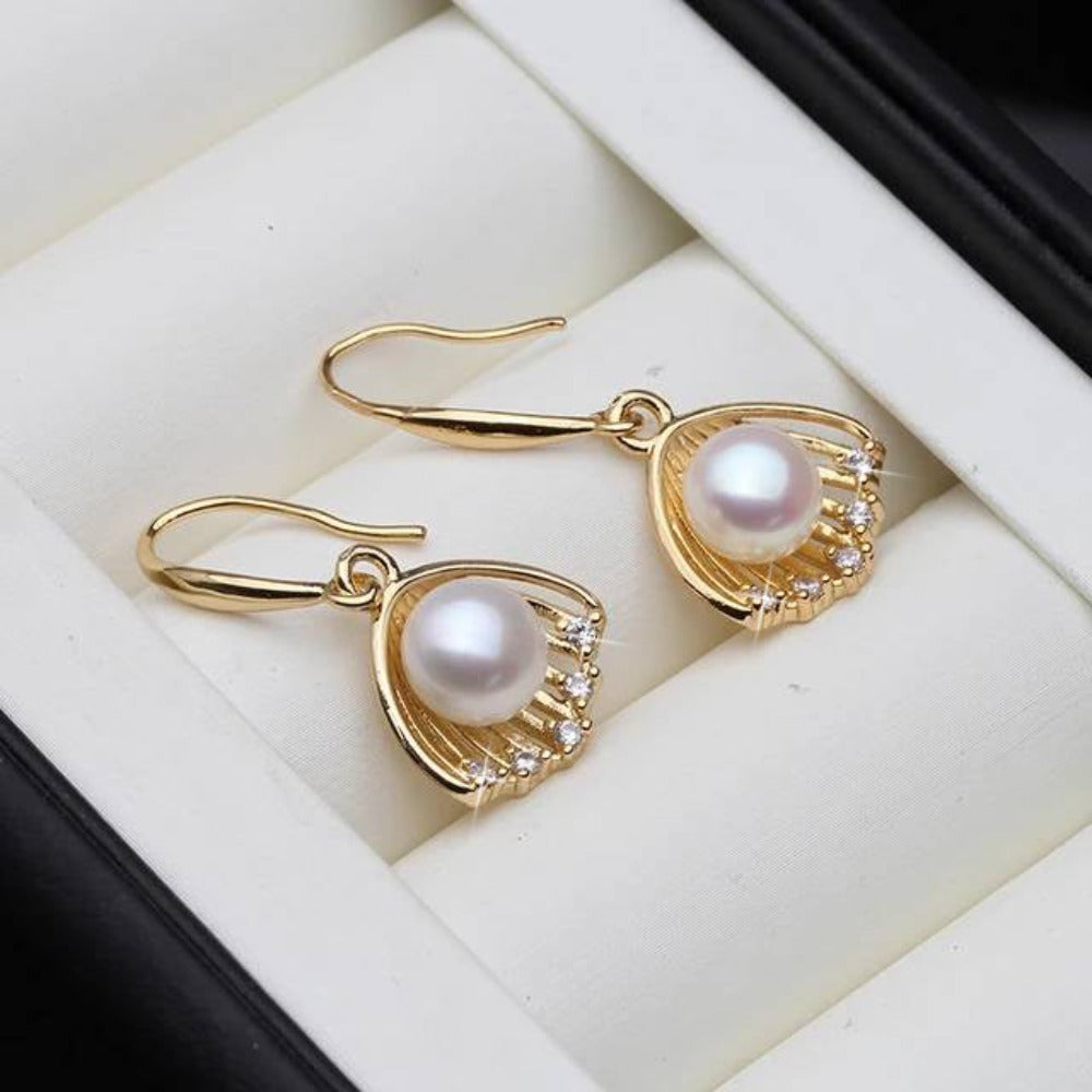 Designer Genuine Freshwater "Pearl in Shell" Dangle Earrings in Gold