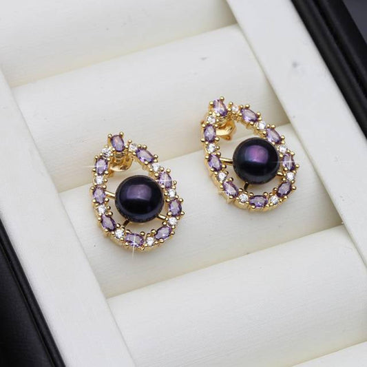 Designer Genuine Freshwater Pearl & Purple Simulated Diamond Stud Oval Earrings