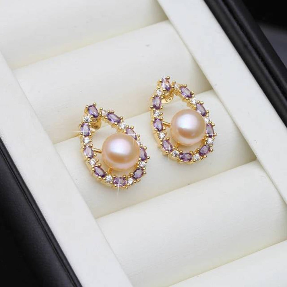 Designer Genuine Freshwater Pearl & Purple Simulated Diamond Stud Oval Earrings