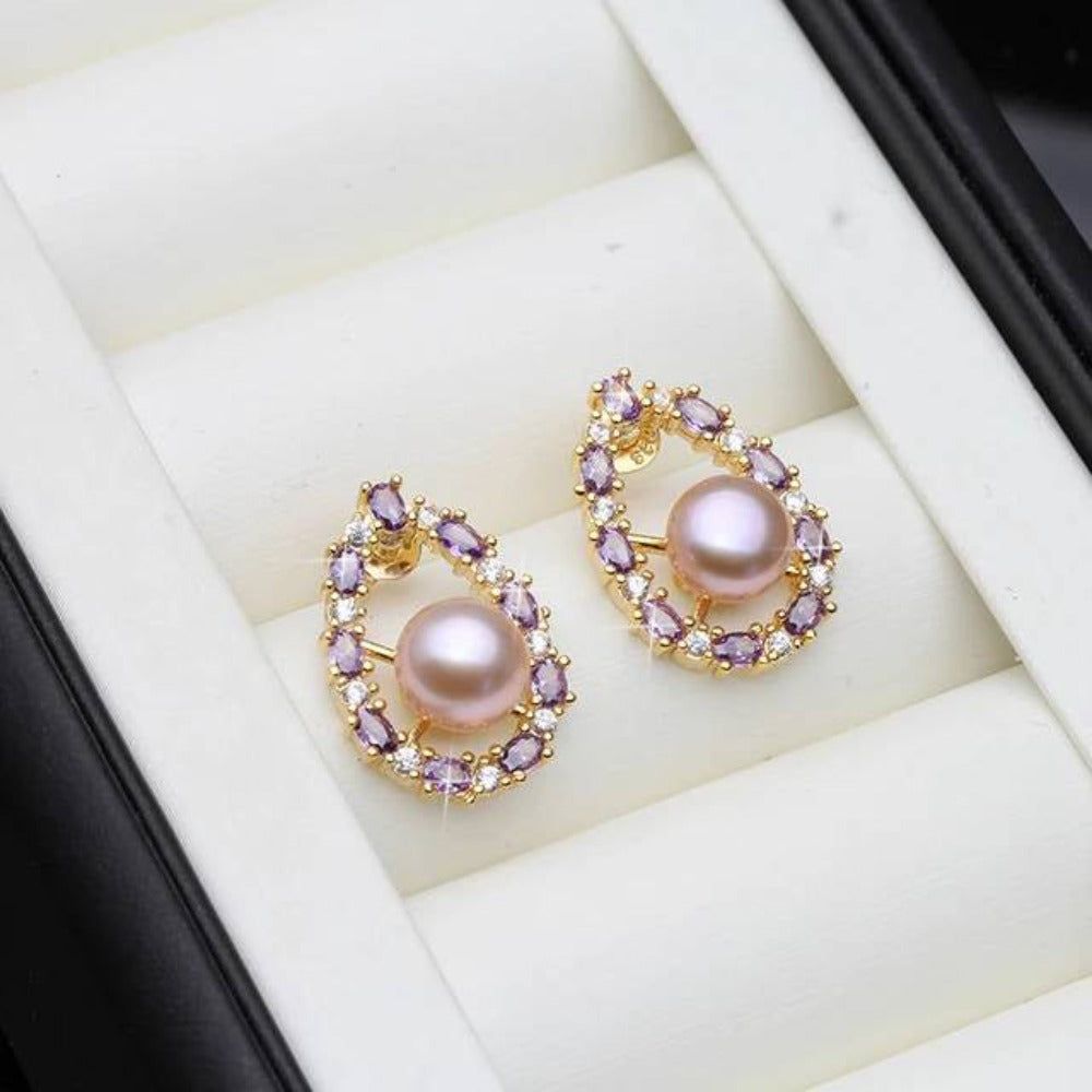 Designer Genuine Freshwater Pearl & Purple Simulated Diamond Stud Oval Earrings