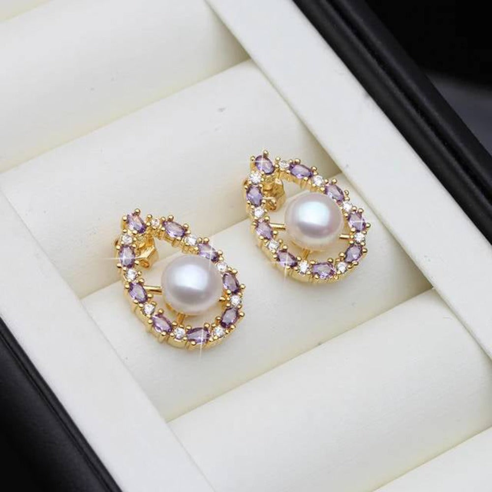 Designer Genuine Freshwater Pearl & Purple Simulated Diamond Stud Oval Earrings