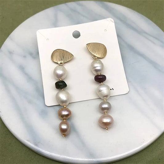 Designer Genuine Freshwater White & Pink Pearl Dangle Earrings in Gold