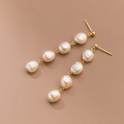 Designer Freshwater Pearl Thread Long Dangle Drop Earrings in Gold