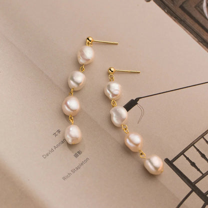 Designer Freshwater Pearl Thread Long Dangle Drop Earrings in Gold