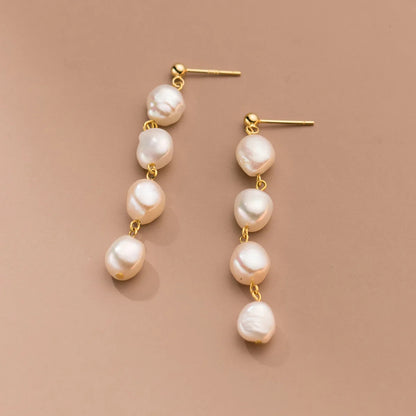 Designer Freshwater Pearl Thread Long Dangle Drop Earrings in Gold