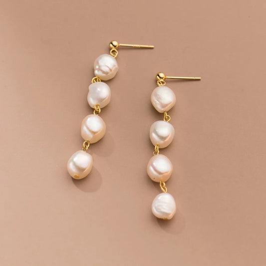 Designer Freshwater Pearl Thread Long Dangle Drop Earrings in Gold