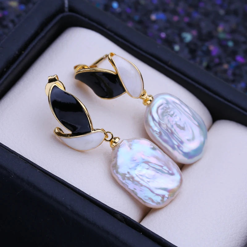 Designer Freshwater Button Baroque Pearl Drop Earrings in Gold