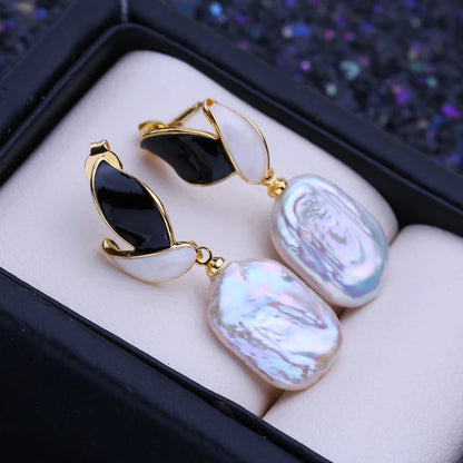 Designer Freshwater Button Baroque Pearl Drop Earrings in Gold