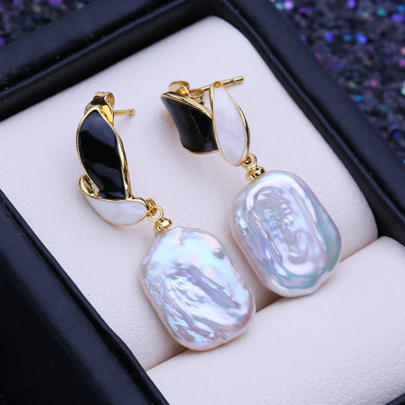 Designer Freshwater Button Baroque Pearl Drop Earrings in Gold