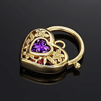 18ct Heavy Yellow Gold Plated Purple Filigree Heart Locket - USA Made