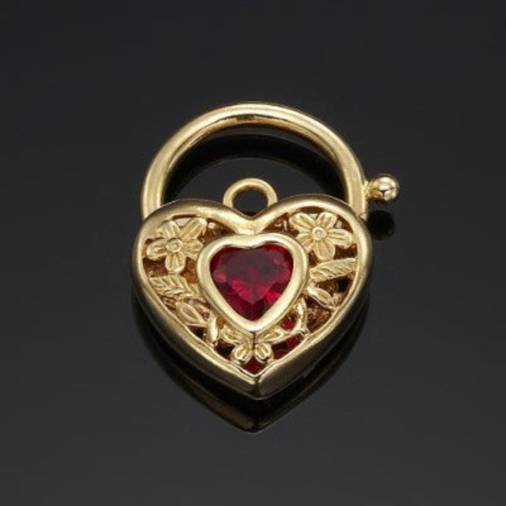 18ct Heavy Yellow Gold Plated Simulated Ruby Filigree Heart Locket - USA Made