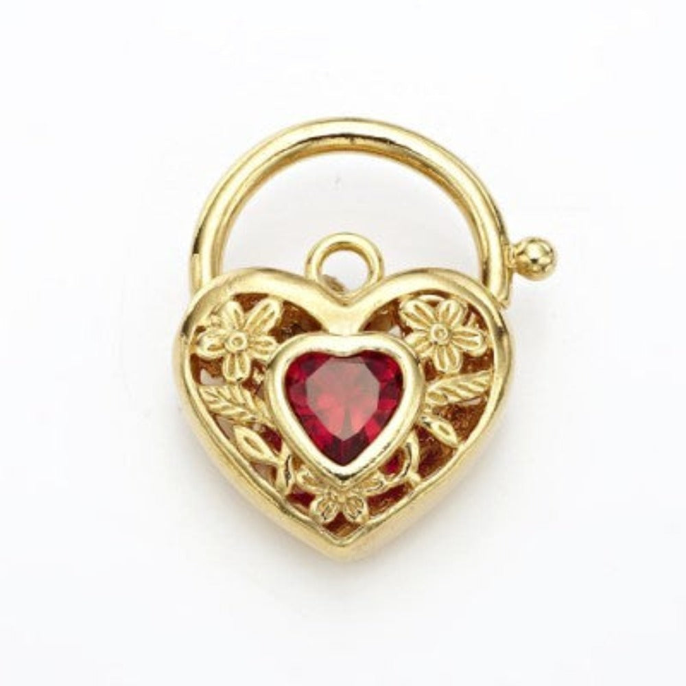 18ct Heavy Yellow Gold Plated Simulated Ruby Filigree Heart Locket - USA Made