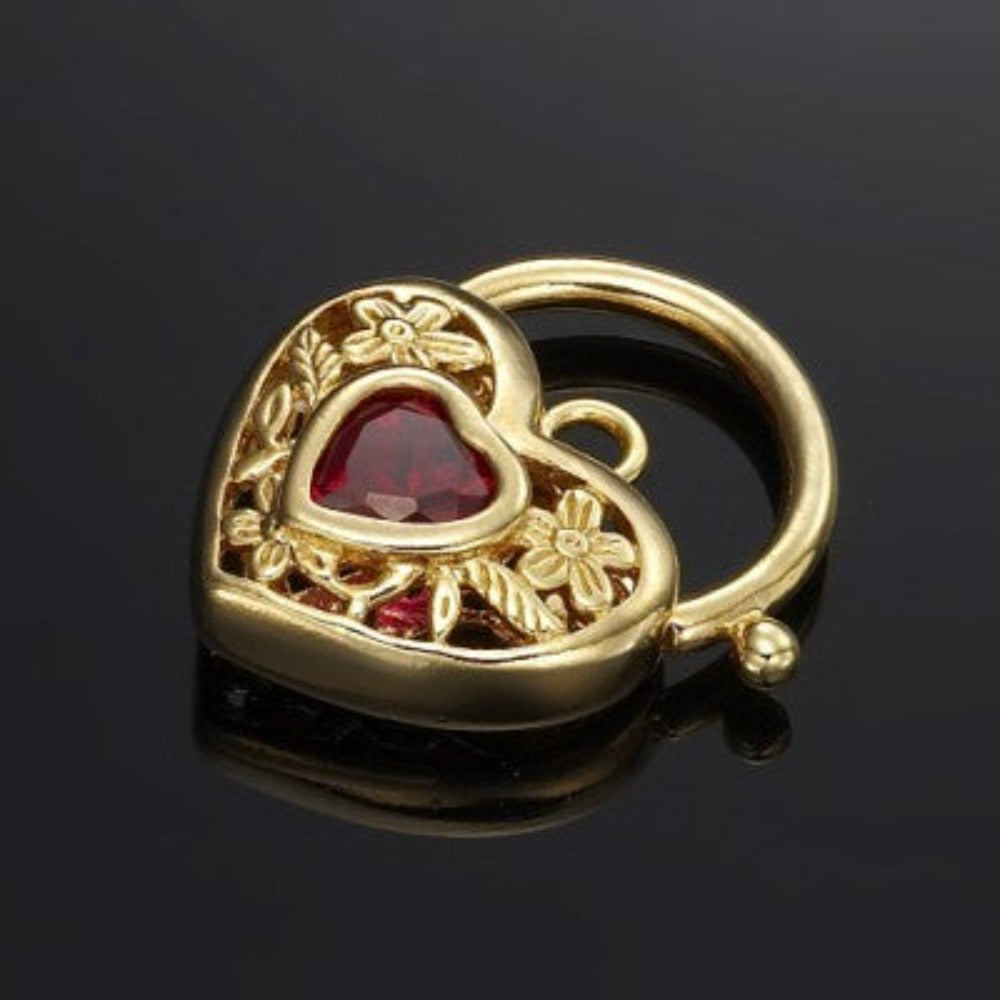 18ct Heavy Yellow Gold Plated Simulated Ruby Filigree Heart Locket - USA Made