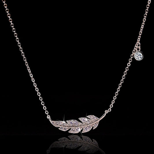 Designer Stainless Steel Simulated Diamond Feather Necklace in Silver