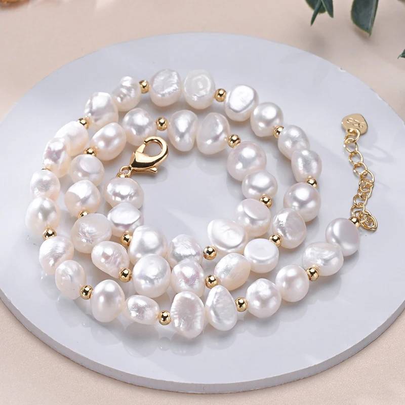 Designer Genuine White Freshwater Pearl Necklace in Gold