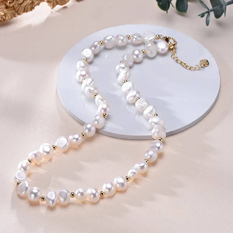 Designer Genuine White Freshwater Pearl Necklace in Gold