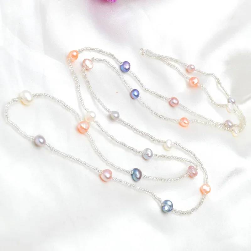 ASHIQI 120CM Long Multi Color Baroque Fresh water Pearl Necklace, Crystal Beads Necklace , 925 Sterling Silver Clasp