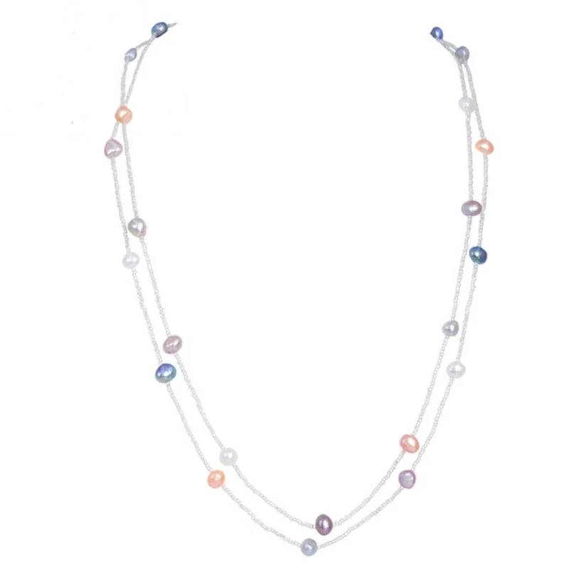 ASHIQI 120CM Long Multi Color Baroque Fresh water Pearl Necklace, Crystal Beads Necklace , 925 Sterling Silver Clasp