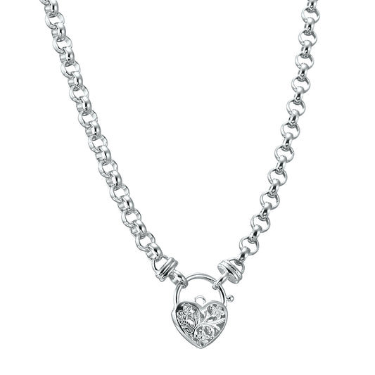 925 Sterling Silver Plated 6mm Belcher Chain Necklace with a Filigree Locket - USA Made