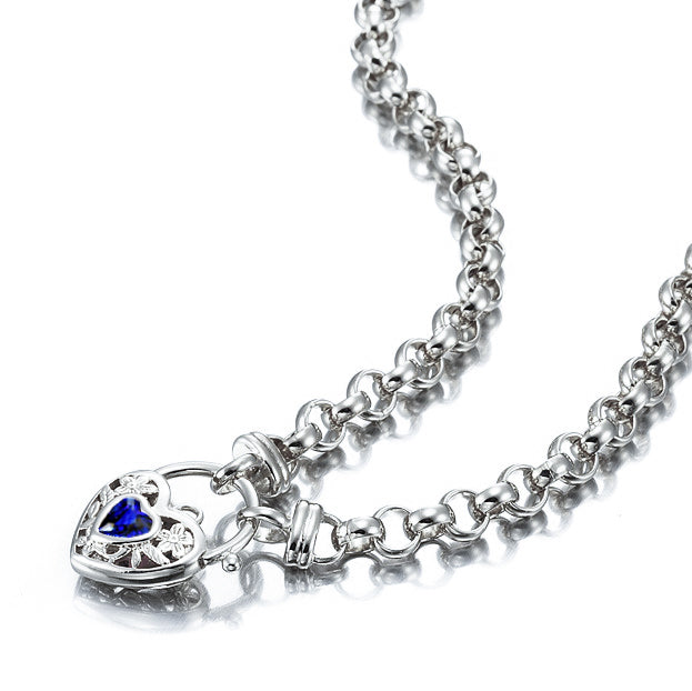 925 Sterling Silver Plated 6mm Belcher Chain Necklace with a Dark Blue Filigree Locket - USA Made