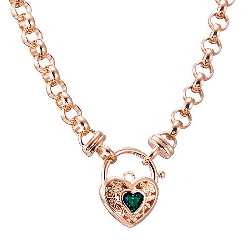 18ct Heavy Rose Gold Plated 6mm Belcher Chain Necklace with a Green Filigree Locket - USA Made