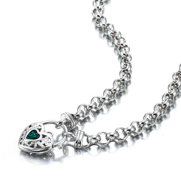 925 Sterling Silver Plated 6mm Belcher Chain Necklace with a Green Filigree Locket - USA Made