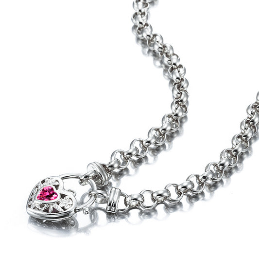 925 Sterling Silver Plated 6mm Belcher Chain Necklace with a Pink Filigree Locket - USA Made