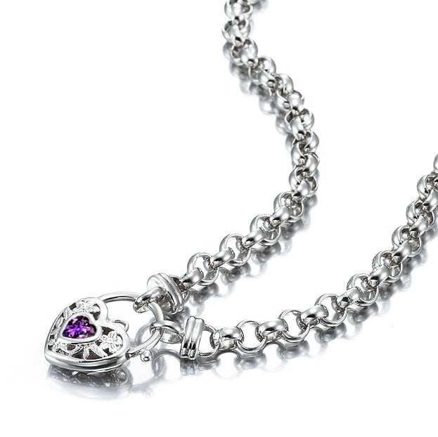 925 Sterling Silver Plated 6mm Belcher Chain Necklace with a Purple Filigree Locket - USA Made