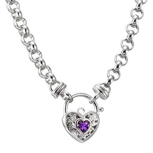 925 Sterling Silver Plated 6mm Belcher Chain Necklace with a Purple Filigree Locket - USA Made