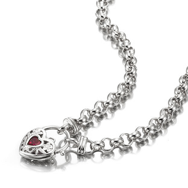 925 Sterling Silver Plated 6mm Belcher Chain Necklace with a Filigree Locket Featuring a Simulated Ruby - USA Made