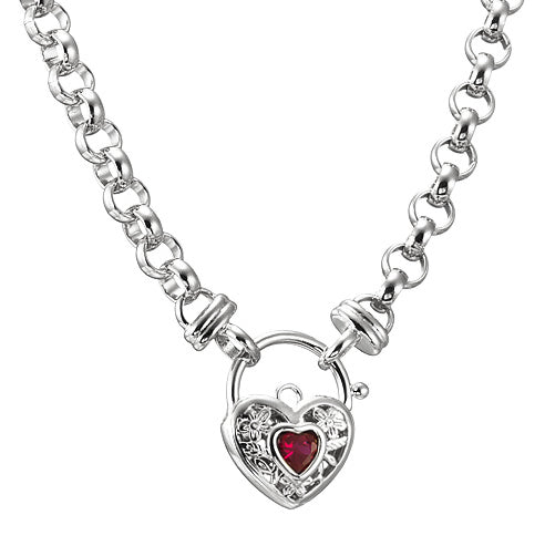 925 Sterling Silver Plated 6mm Belcher Chain Necklace with a Filigree Locket Featuring a Simulated Ruby - USA Made