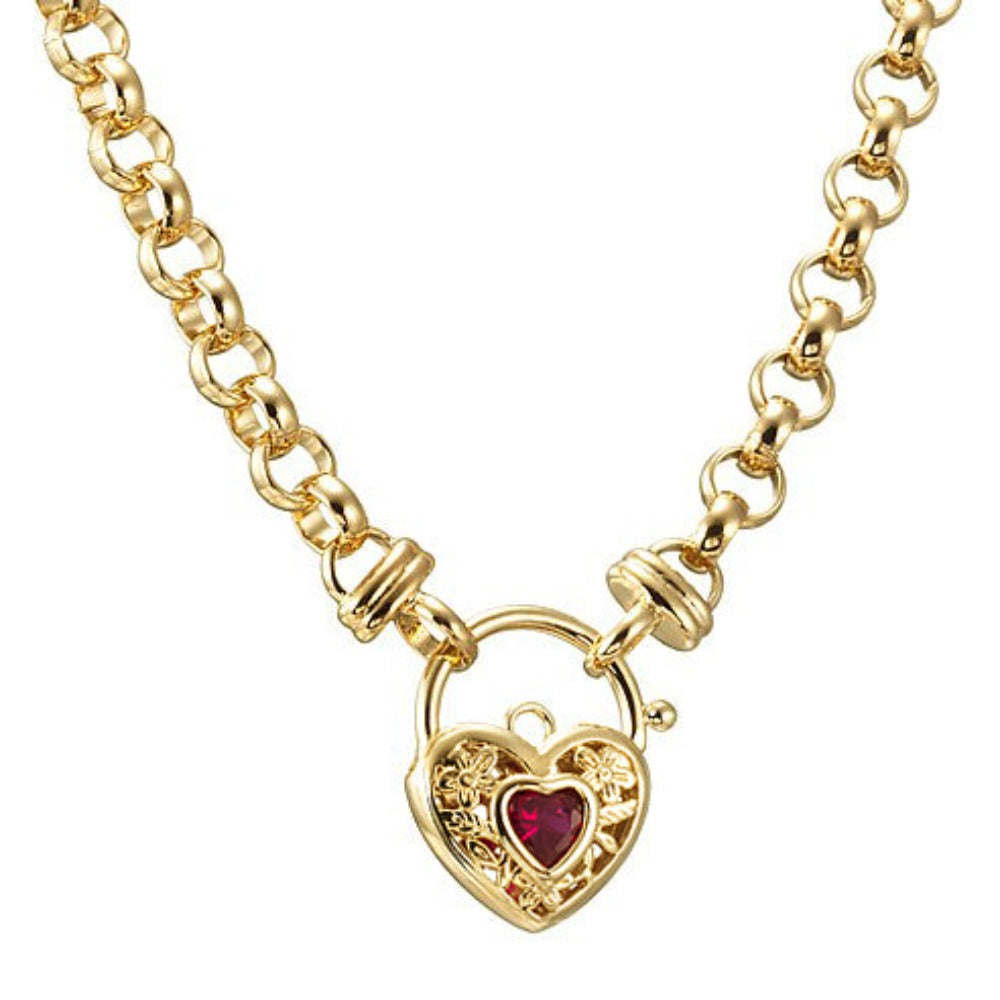 18ct Heavy Yellow Gold Plated 6mm Belcher Chain Necklace with a Filigree Locket Featuring a Simulated Ruby - USA Made