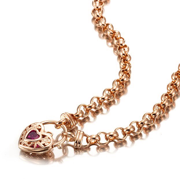 18ct Heavy Rose Gold Plated 6mm Belcher Chain Necklace with a Filigree Locket Featuring a Simulated Ruby - USA Made