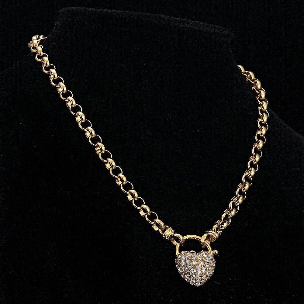 18ct Heavy Yellow Gold Plated 6mm Belcher Chain Necklace Featuring a Simulated Diamond Locket - USA Made