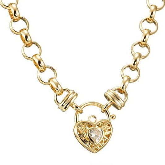 18ct Heavy Yellow Gold Plated Belcher Chain Necklace with a Filigree Stone Locket - USA Made