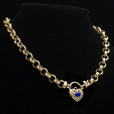 18ct Heavy Yellow Gold Plated 10mm Belcher Chain Necklace with a Dark Blue Filigree Locket