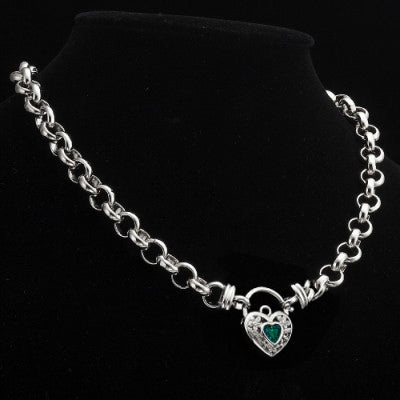 925 Sterling Silver Plated 10mm Belcher Chain Necklace with a Green Filigree Locket