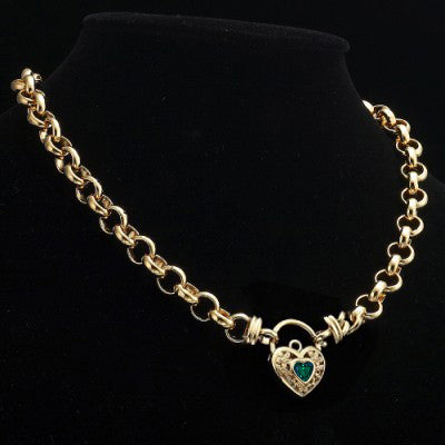 18ct Heavy Yellow Gold Plated 10mm Belcher Chain Necklace with a Green Filigree Locket