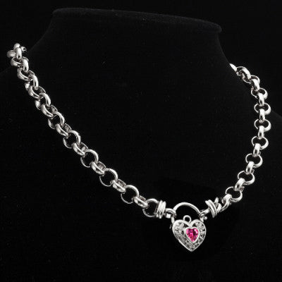 925 Sterling Silver Plated 10mm Belcher Chain Necklace with a Pink Filigree Locket