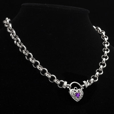 925 Sterling Silver Plated 10mm Belcher Chain Necklace with a Purple Filigree Locket