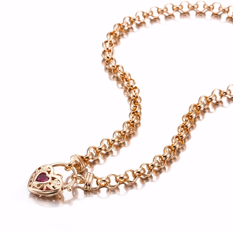 18ct Rose Gold Plated 10mm Belcher Chain Necklace with a Filigree Simulated Ruby Locket