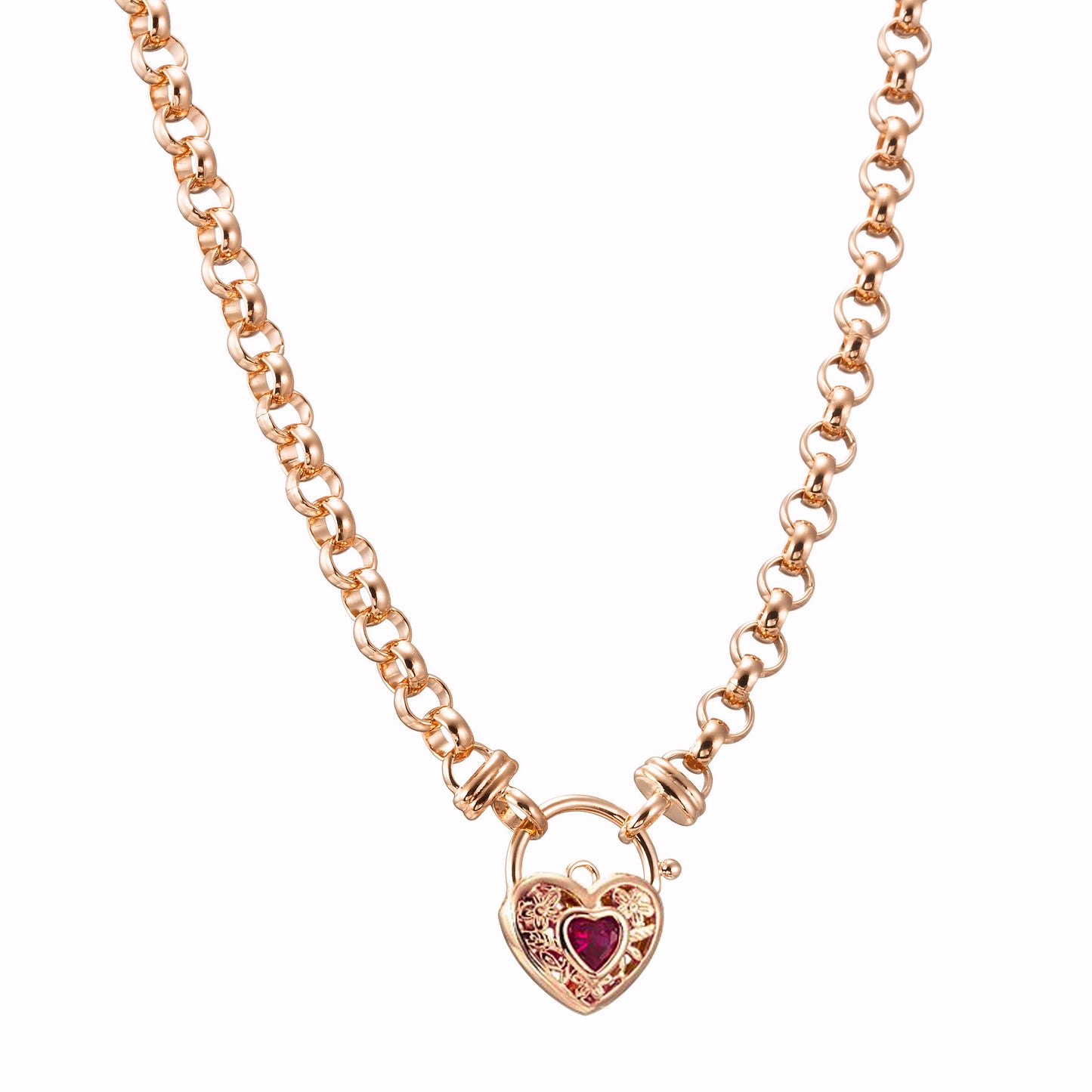 18ct Rose Gold Plated 10mm Belcher Chain Necklace with a Filigree Simulated Ruby Locket