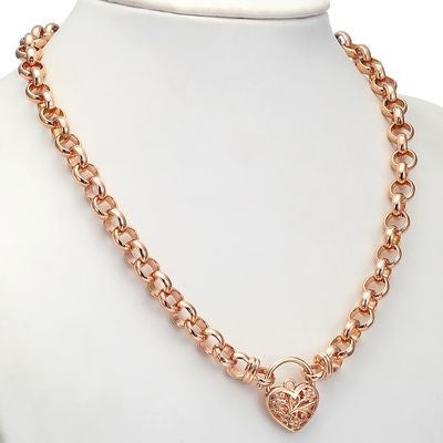 Schwere, rosévergoldete Belcher-Kette mit filigranem Medaillon, 18 Karat, hergestellt in den USA