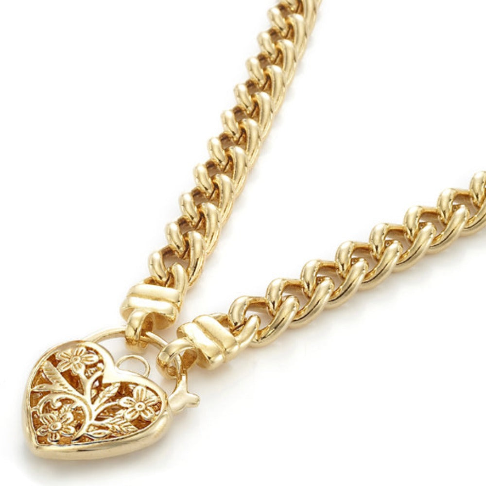 18ct Heavy Yellow Gold Plated Euro Chain Necklace with a Filigree Locket - USA Made