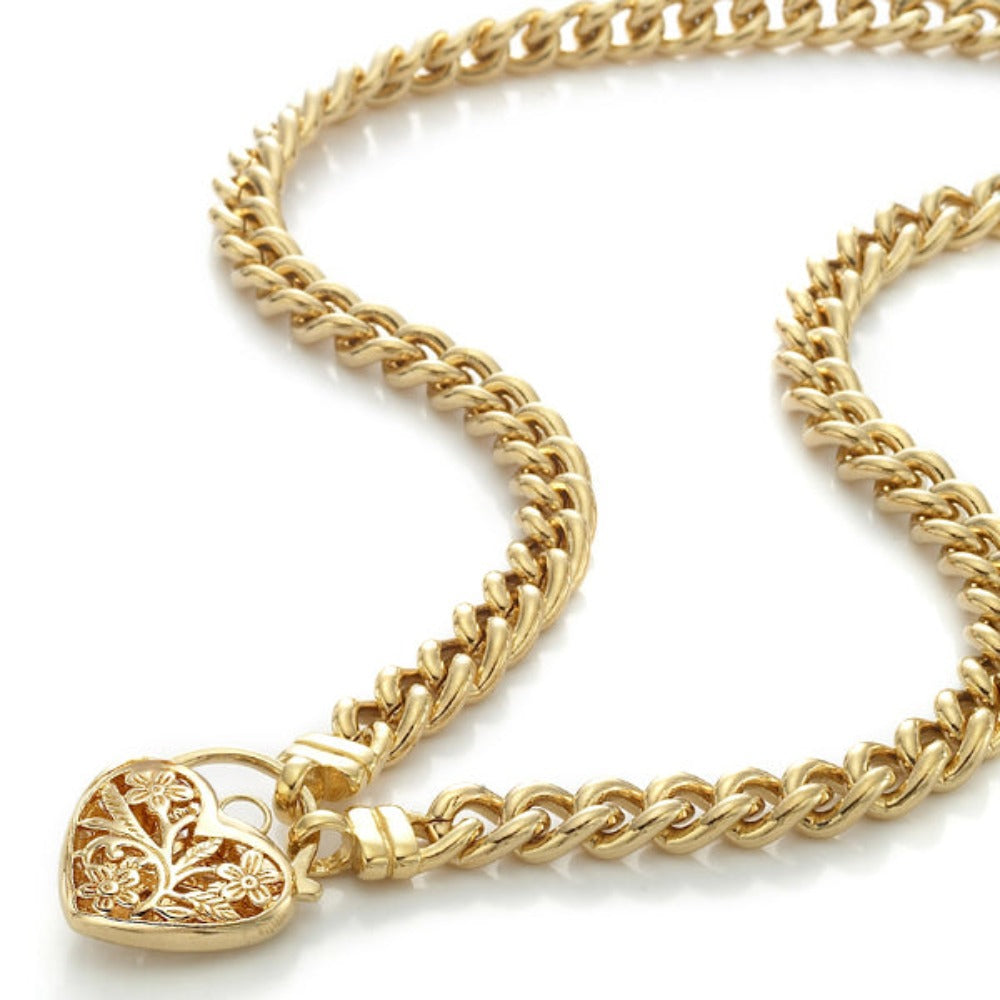 18ct Heavy Yellow Gold Plated Euro Chain Necklace with a Filigree Locket - USA Made