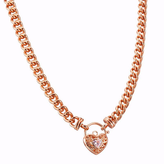 18ct Heavy Rose Gold Plated Euro Chain Necklace with a Filigree Locket Featuring a Simulated Diamond - USA Made