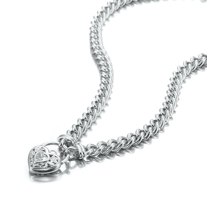 925 Sterling Silver Plated 8mm Euro Chain Necklace with a Filigree Locket Featuring a Simulated Diamond - USA Made
