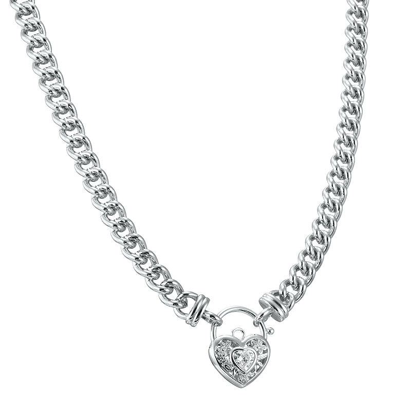 925 Sterling Silver Plated Euro Chain Necklace with a Filigree Locket Featuring a Simulated Diamond - USA Made