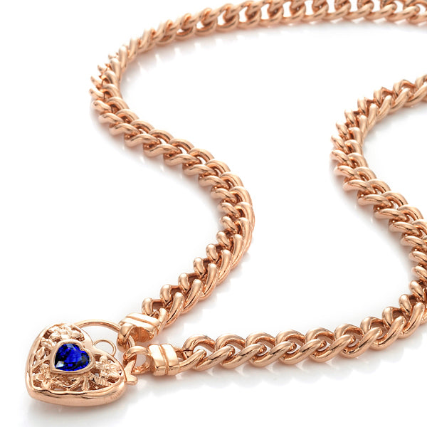 18ct Heavy Rose Gold Plated Euro Chain Necklace with a Dark Blue Filigree Locket - USA Made